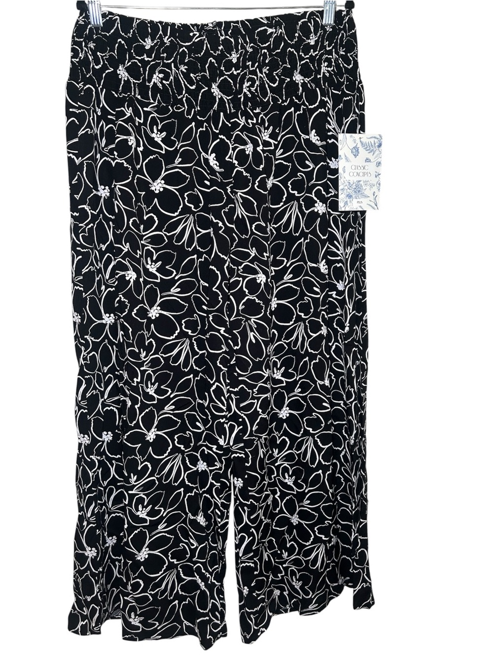 Classic Concepts 1X Black White Floral Flowy Comfort Summer Wide Leg Pants Artsy